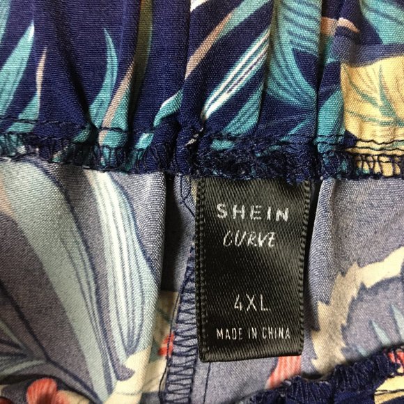 Shein Curve Shorts 4X High Waist Mini Navy Blue Tropical Floral Pull On Hibiscus - Picture 7 of 11